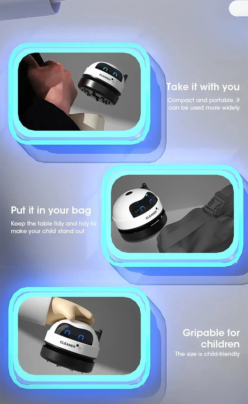 Mini USB robot desk vacuum by Showlu Smart General, compact vacuum cleaner with robot design for cleaning desktops.