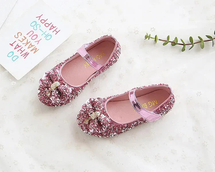 Girls' Showlu Princess Flats with sequins and rhinestones, made of PU leather, featuring a charming and sparkly design for kids.