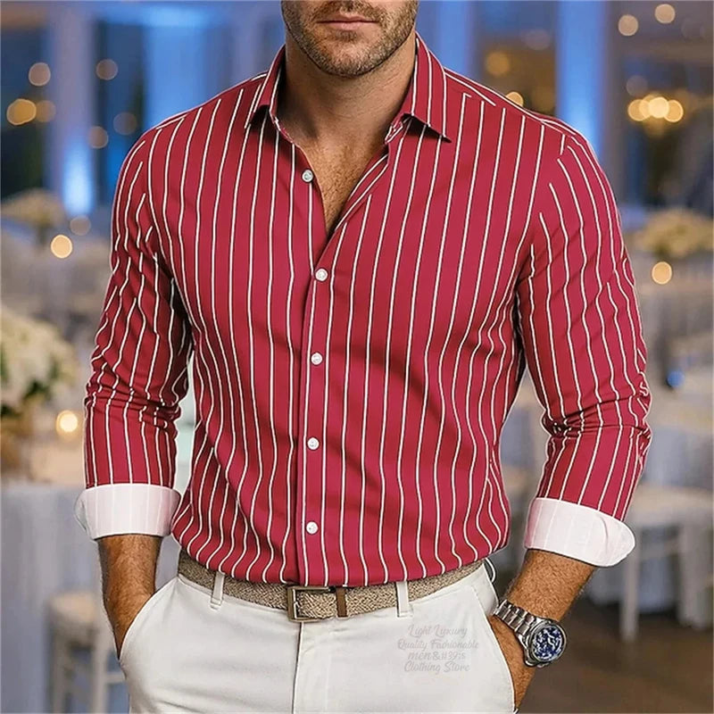 Men's stylish striped casual shirt with long sleeves, breathable fabric, lapel collar, button-down design, by Showlu Fashion.
