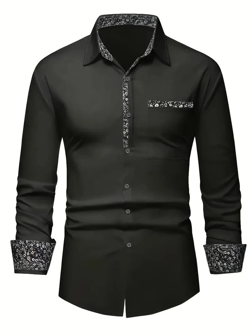 Showlu men's silk and bamboo fiber printed long sleeve casual shirt with a colorful pattern and button-up front.