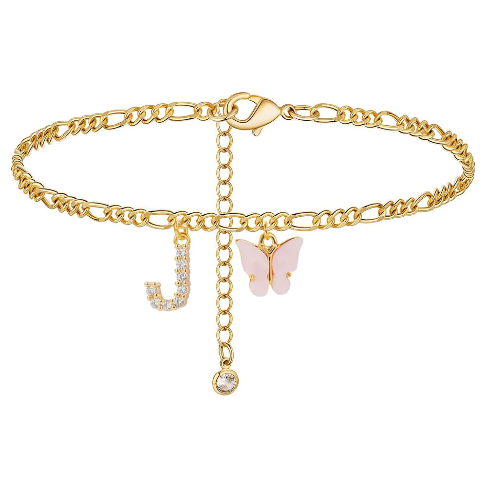 Stainless steel initial letter anklet for women and girls with butterfly charm, waterproof leg chain jewelry for parties and gifts