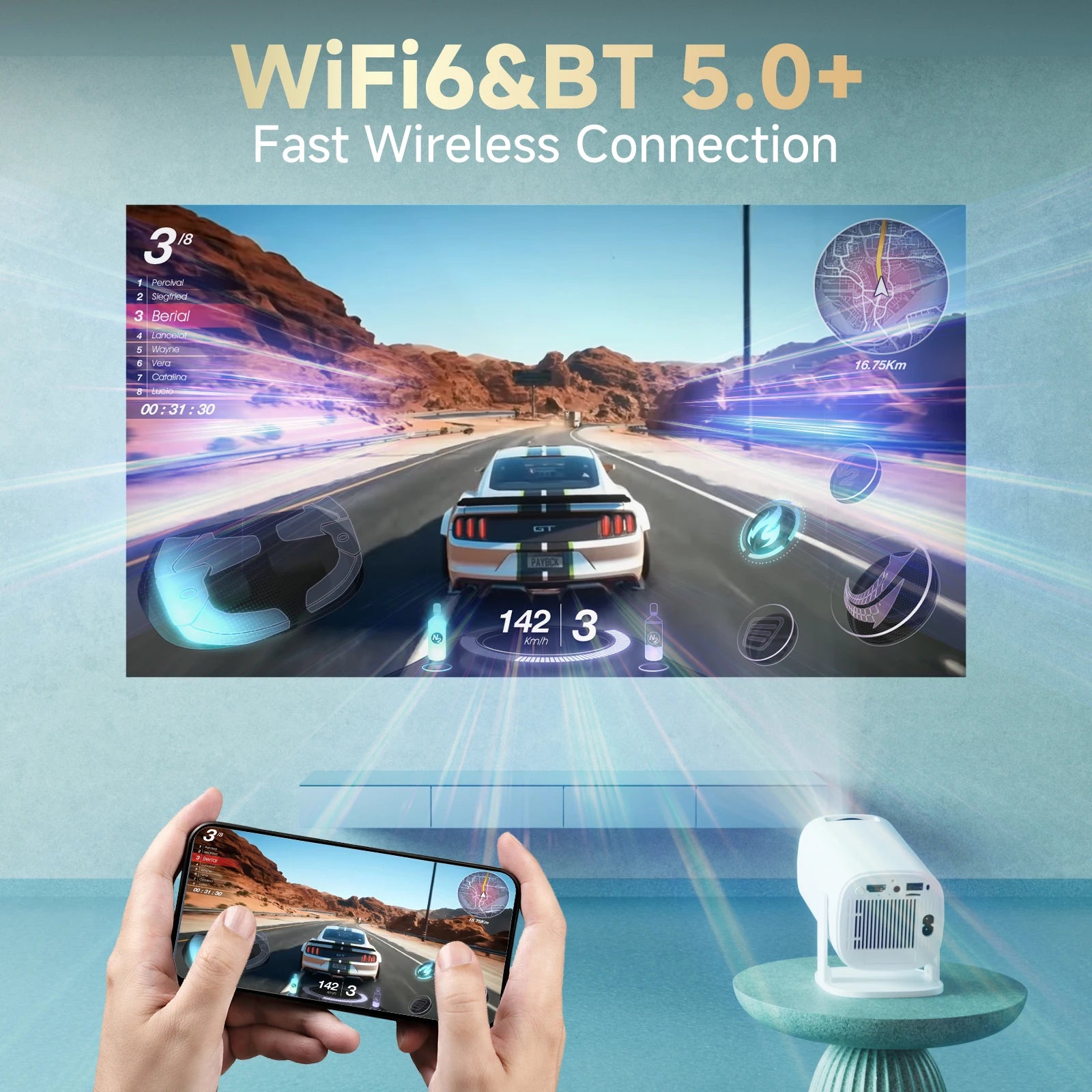 Showlu Smart P30PRO Mini Projector displaying a home theater setup with a bright, clear image on a wall.