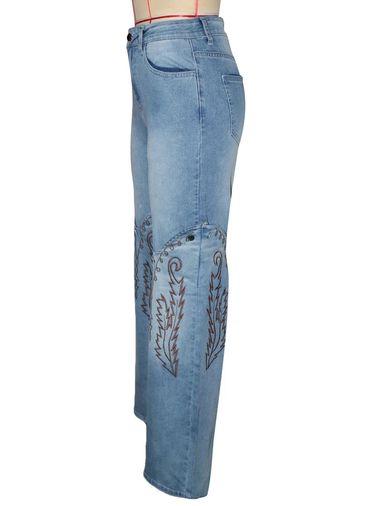 Vintage embroidery denim trousers for women, high waist straight-leg jeans by Showlu Fashion, perfect for summer casual streetwear.