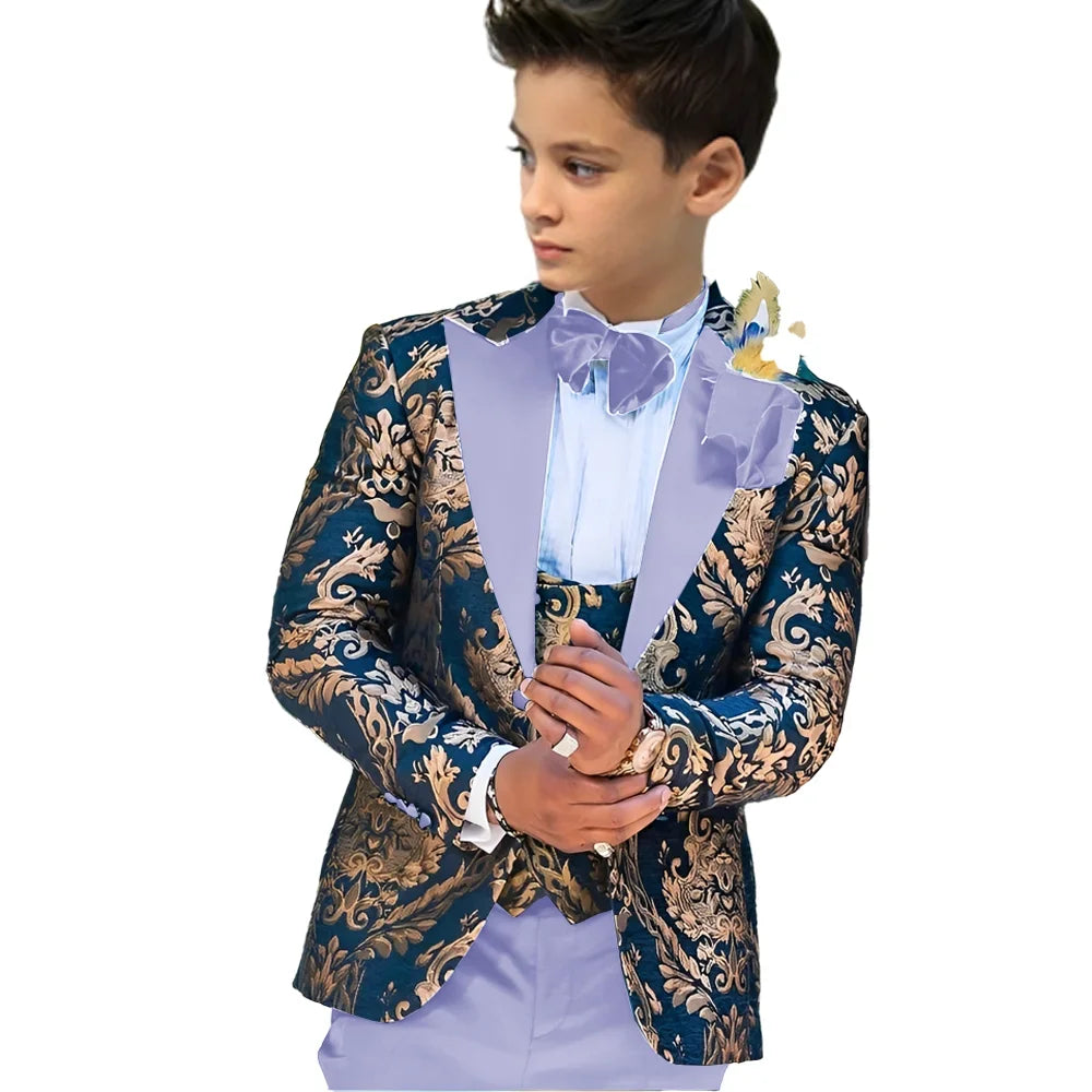 Kids floral boy wedding suit set featuring a tuxedo jacket, vest, and pants for children aged 2-16 from Showlu Fashion.