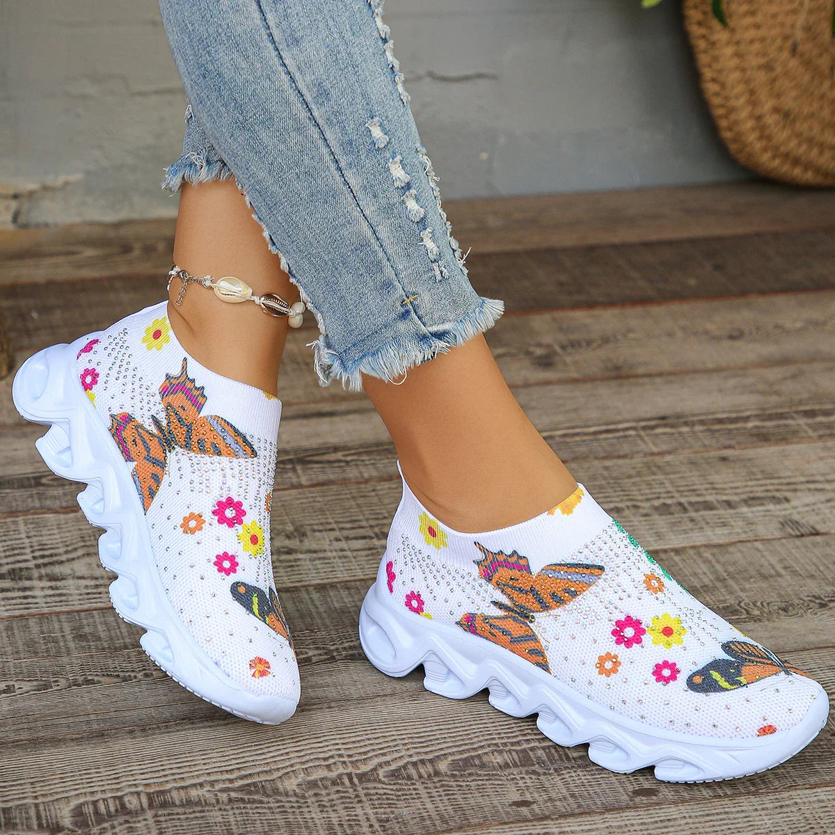 Rimocy Women's Crystal Butterfly Mesh Sneakers by SHOWLU FASHION STORE, breathable slip-on flats with crystal butterfly design.