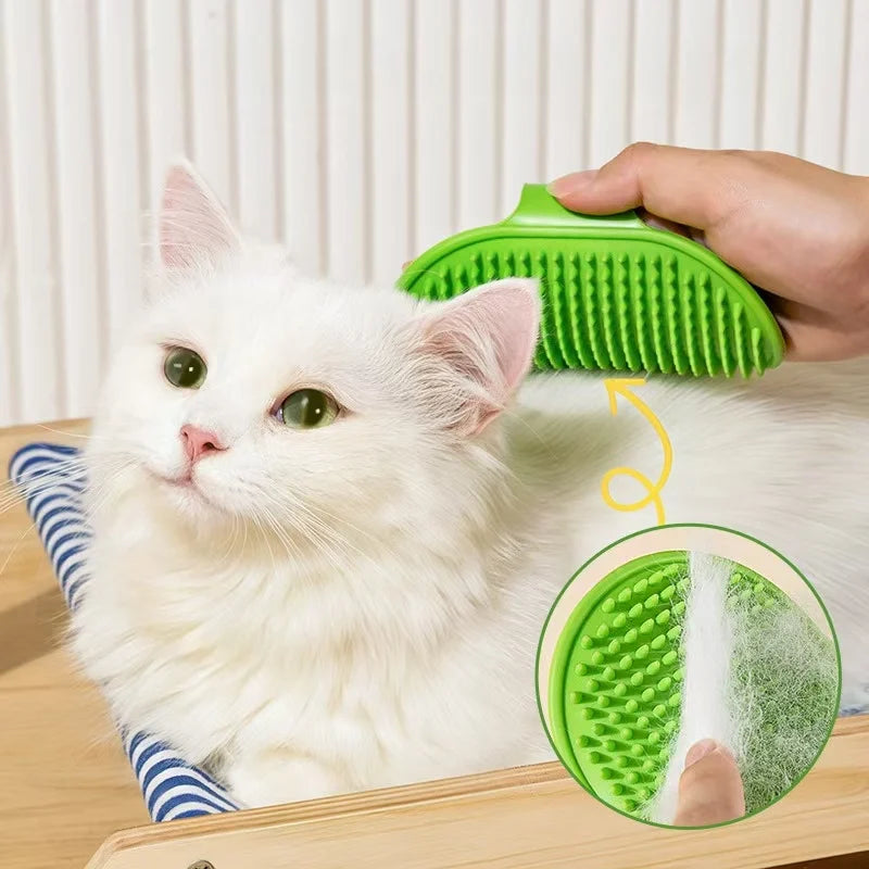 Silicone wall corner brush for cats and dogs, adjustable and self-cleaning grooming tool with a rubbing and scratching surface.