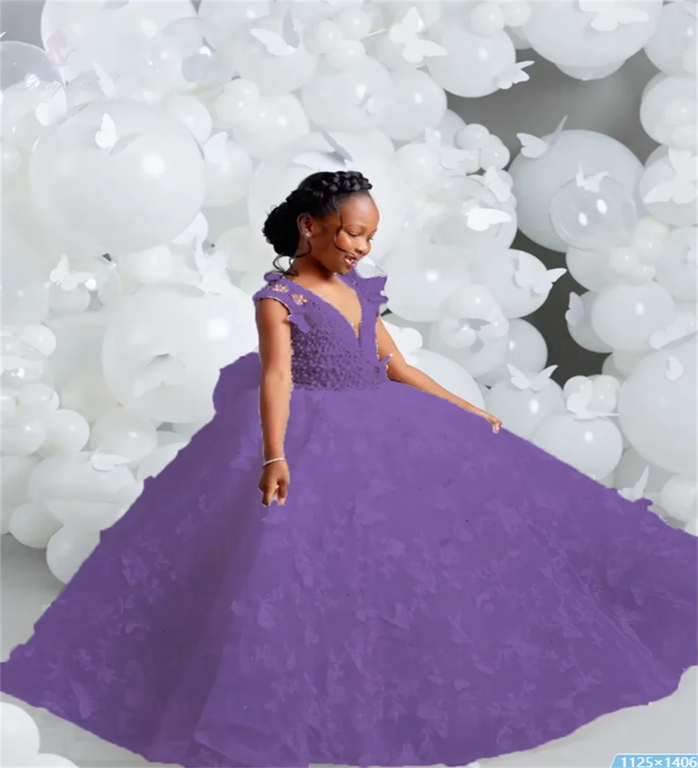 White V-neck Luxury Flower Girl Dresses For Wedding Butterfly Appliques Pearl Child Birthday Party First Holy Communion Gown