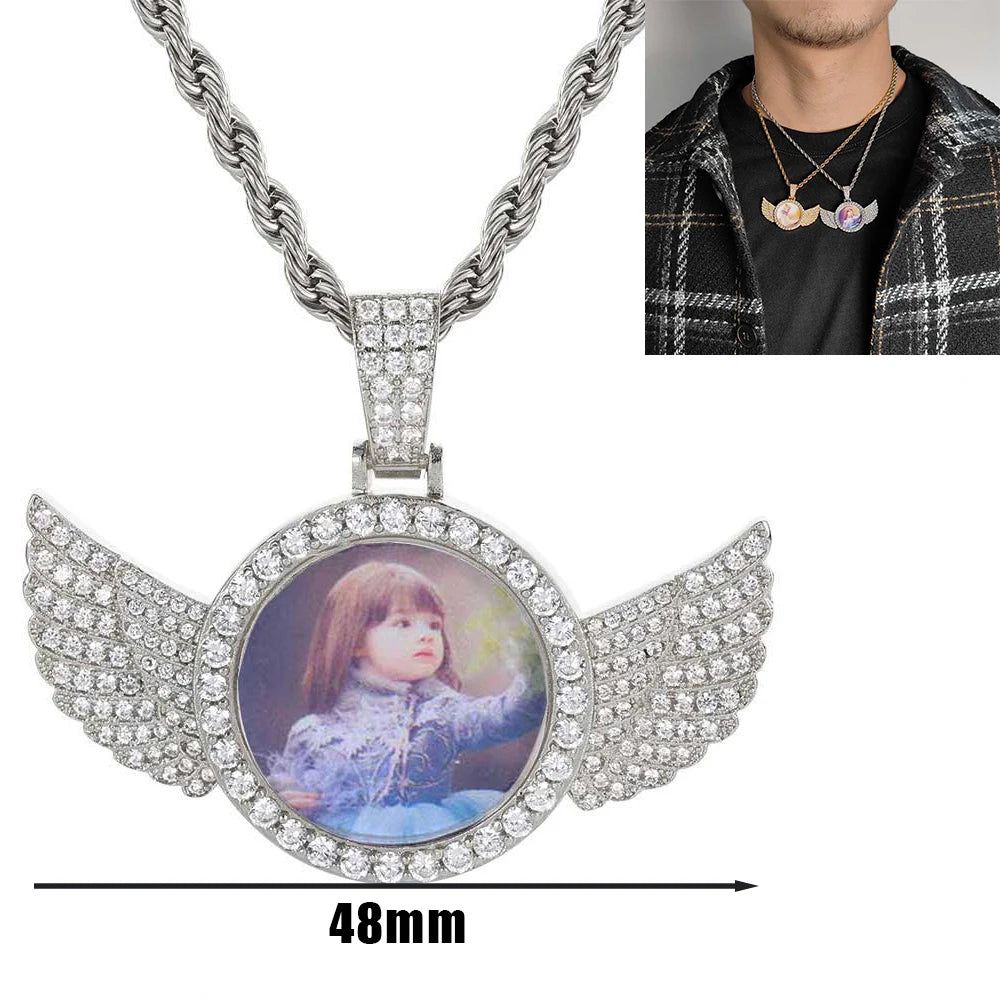Custom angel wing round pendant necklace with personalized photo charm and tennis chain for men and women, by Showlu Fashion.