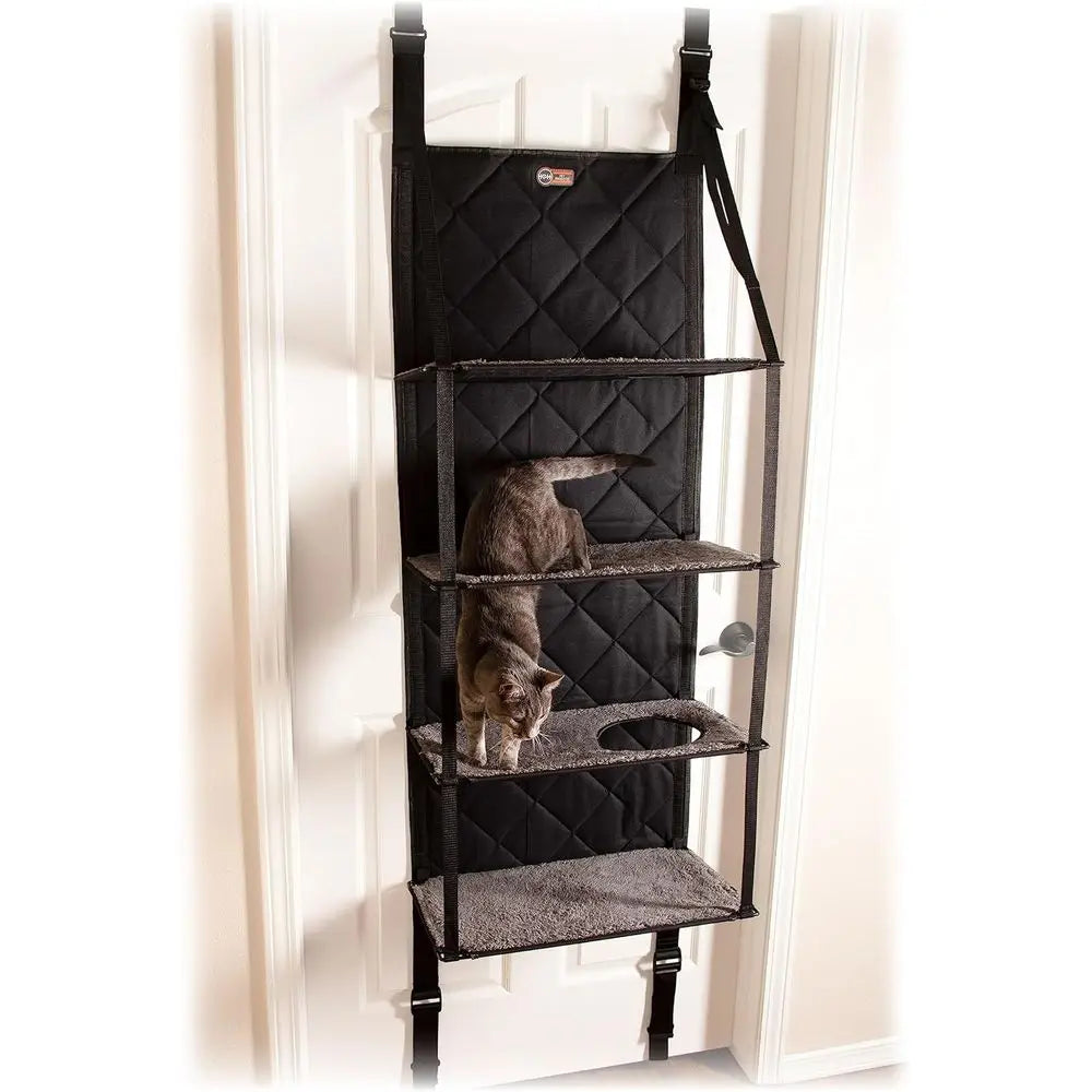 Multi-level door-mounted cat tree by K&H Pet Products featuring hanging perches and cozy platforms for cats to climb and relax.