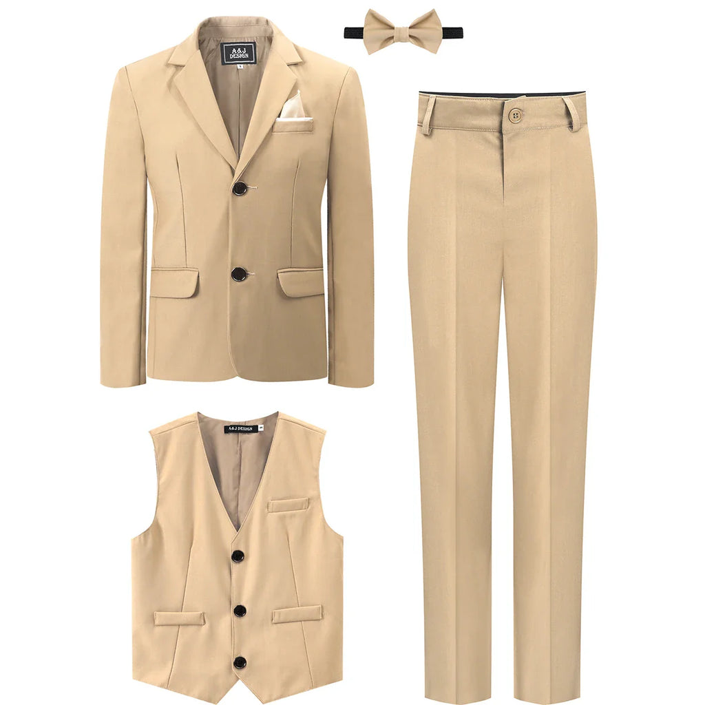A&J DESIGN boys 3-piece formal wedding suit with tuxedo blazer, vest, and pants, suitable for special occasions.