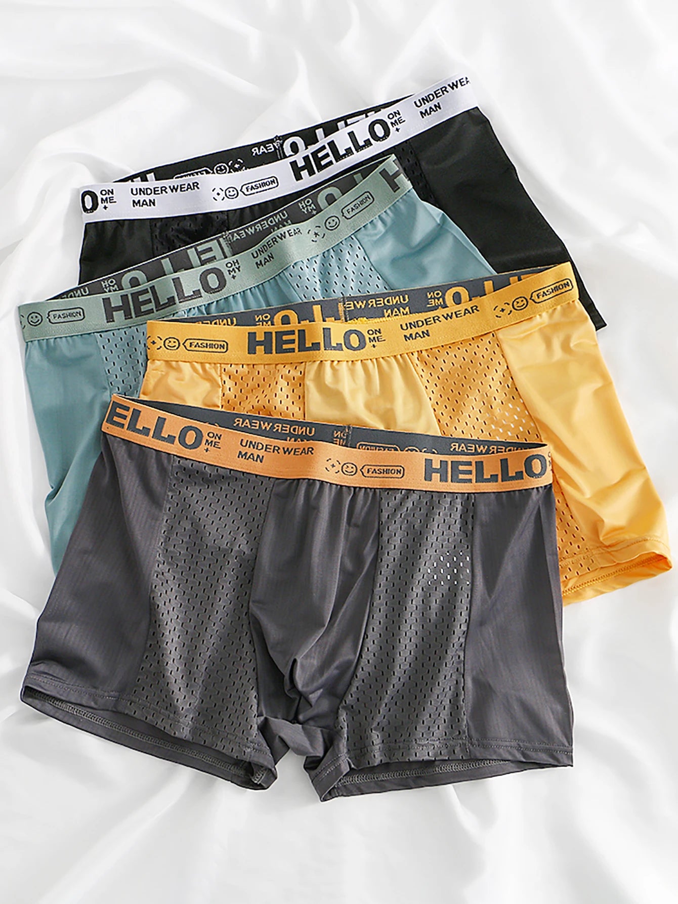 Men's ice silk mesh boxer briefs with "HELLO" logo waistband in black, teal, yellow, or gray, showing the sleek underwear design.