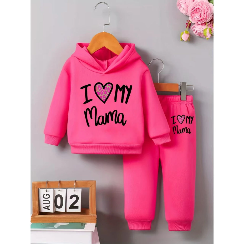 Baby girl fleece hoodie and pants set by Showlu Fashion featuring letter print design and cozy, soft fabric for comfort.