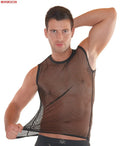 Plus size sleeveless black fishnet tank top for men, stylish summer fitness or lingerie shirt by Showlu Fashion.