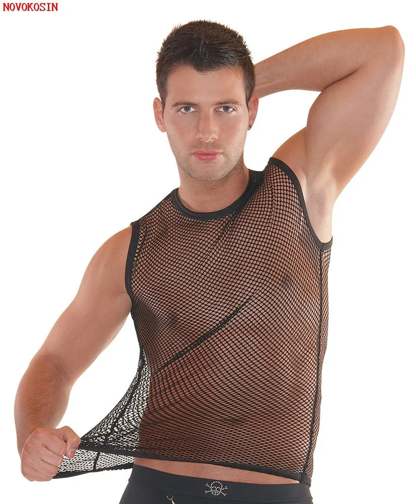 Plus size sleeveless black fishnet tank top for men, stylish summer fitness or lingerie shirt by Showlu Fashion.
