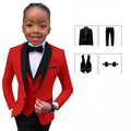 PsyMonster boys white suit by SHOWLU FASHION, includes slim fit jacket, vest, pants, and bowtie, displayed on a hanger.