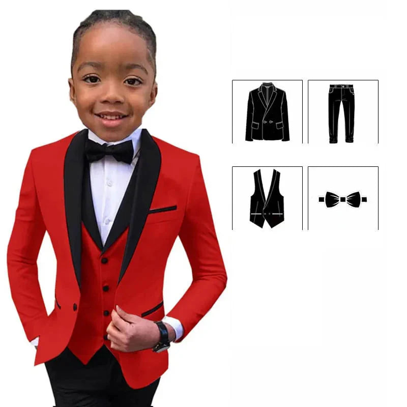 PsyMonster boys white suit by SHOWLU FASHION, includes slim fit jacket, vest, pants, and bowtie, displayed on a hanger.