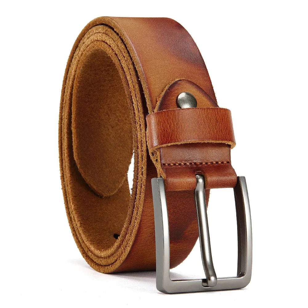 Men's cowhide leather belt with casual metal buckle, showing a sleek black design and durable construction from Showlu Fashion Store.