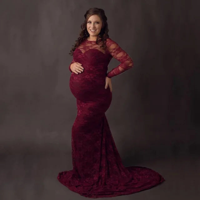 Showlu Lace Maternity Photography Dress with boat neck and long train, elegant maternity gown for photoshoots