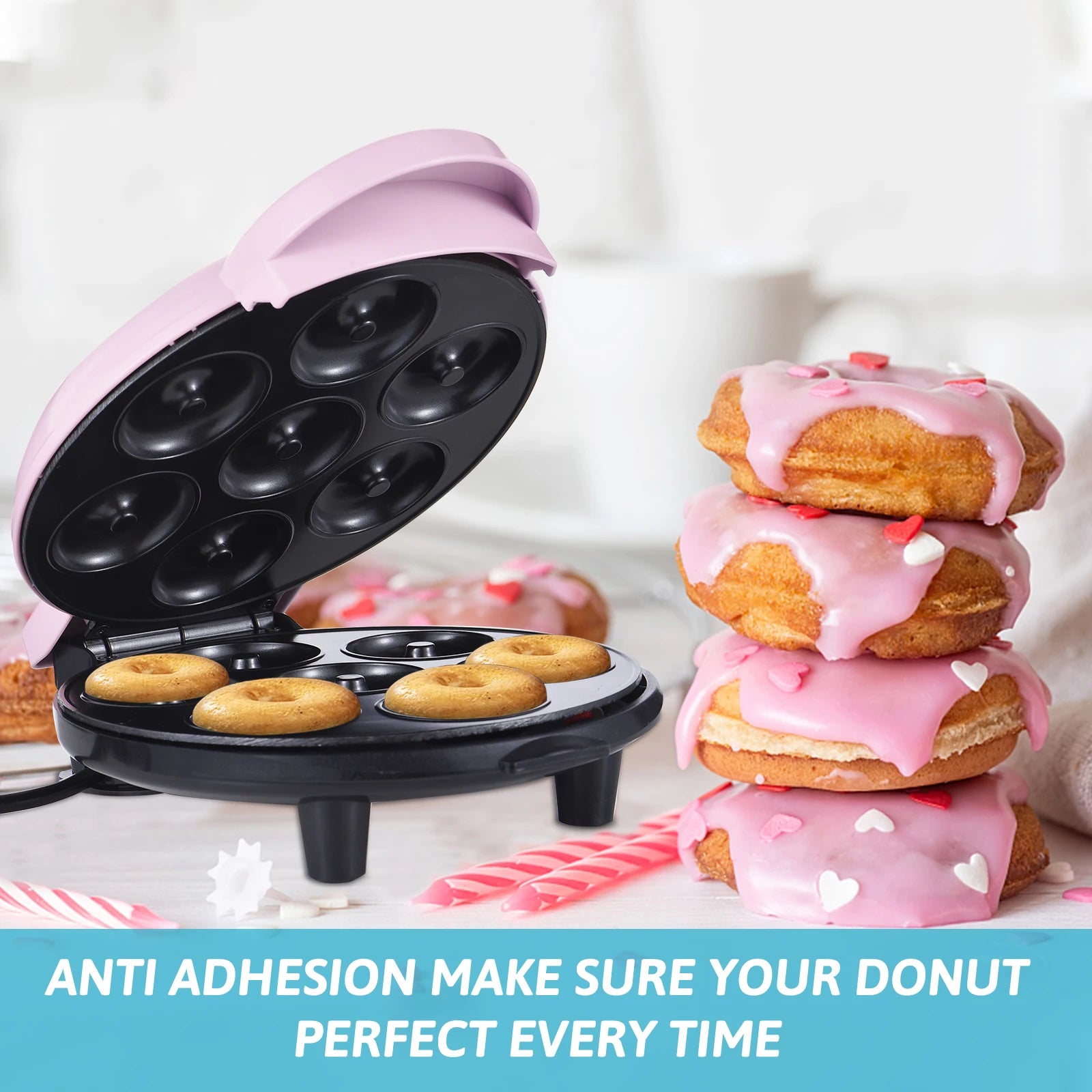 Homgeek 7-hole mini donut maker by Showlu Smart General, 700W, with freshly made mini donuts in each mold.