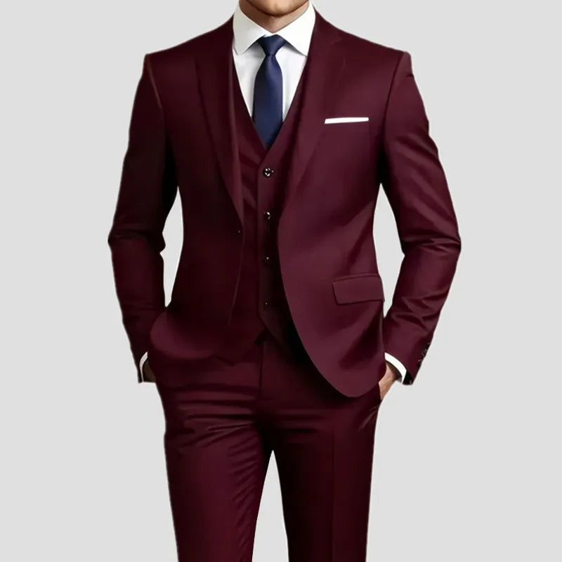 Elegant men's slim fit tuxedo suit set in black, perfect for weddings and formal occasions, featuring a tailored jacket and matching trousers.
