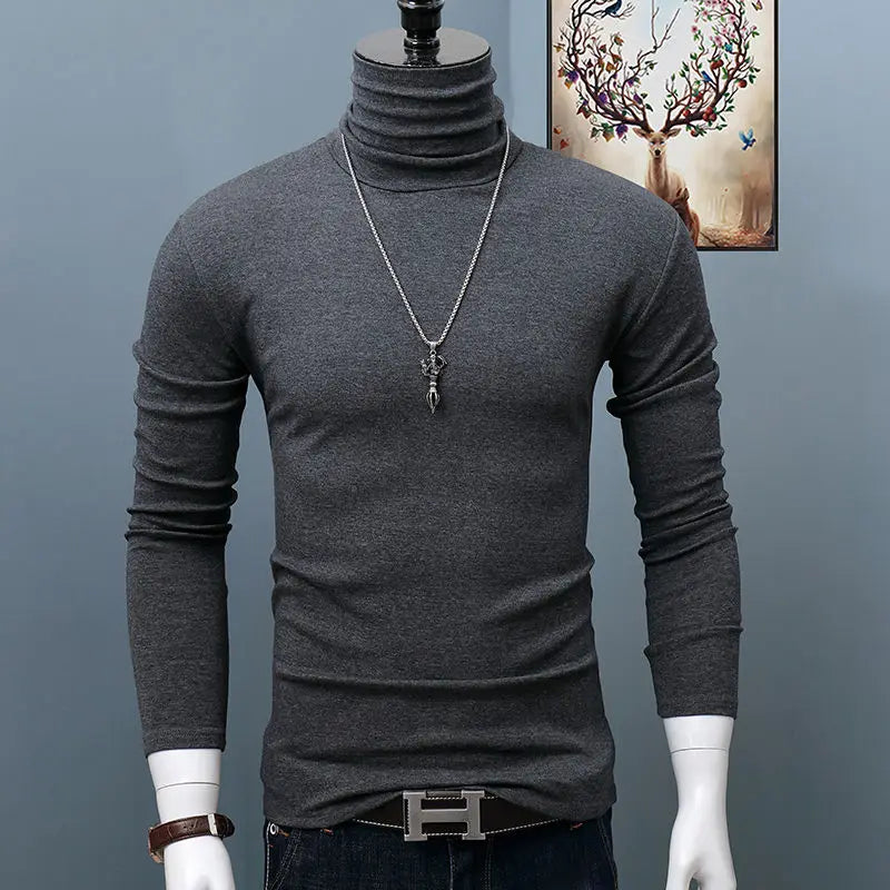 Dark red men's classic turtleneck top by Showlu Fashion, long sleeve, casual winter t-shirt, plus size, stretch fabric.