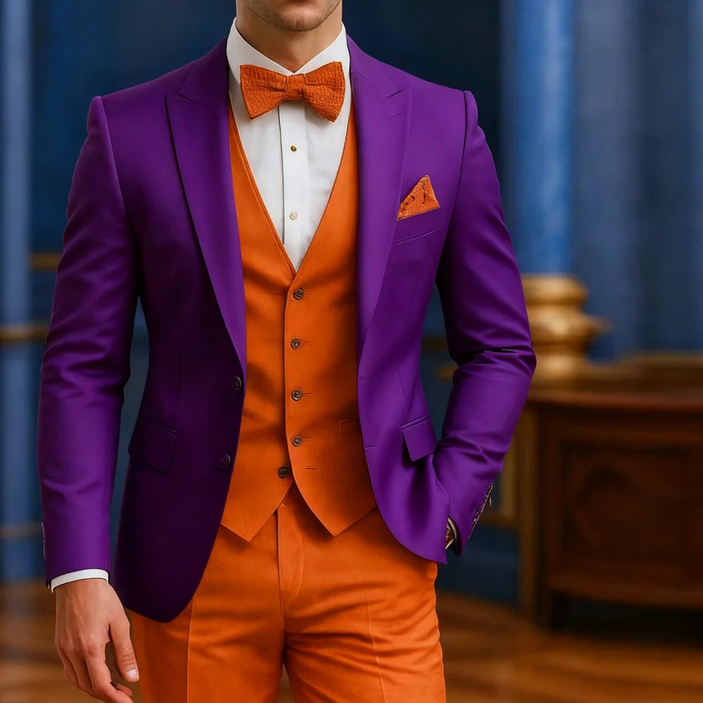 Men's white and orange 3-piece tuxedo by Showlu Fashion for weddings, graduations, and formal occasions, featuring traditional style and fit.
