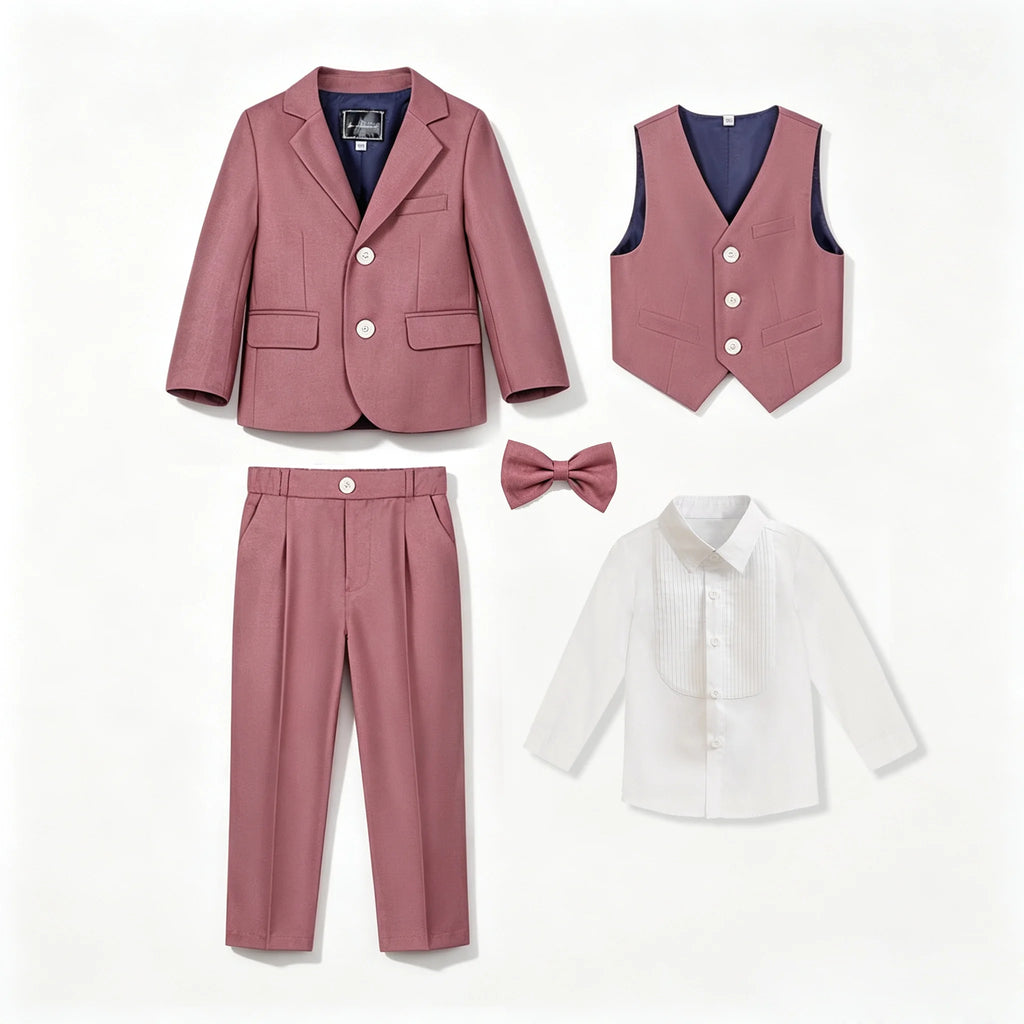 Toddler Boys Dusty Pink Suit 4Pcs Blazer Vest Pants Bowtie, Kids Formal Outfit for Wedding Birthday Party Flower Boy Tuxedo