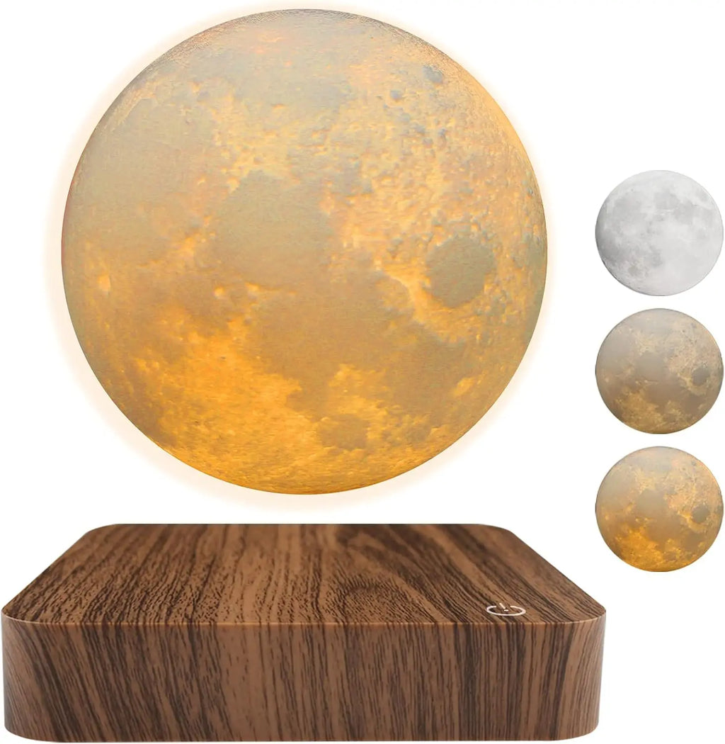 Magnetic levitating moon lamp by Showlu Smart General displaying a glowing, realistic moon floating above a base.