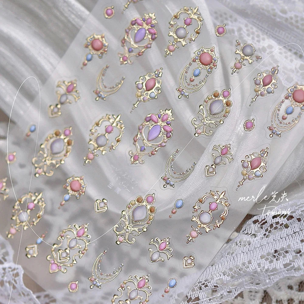 Elegant gold scepter 5D nail art stickers with gemstone and courtly pattern for luxurious manicure decoration.