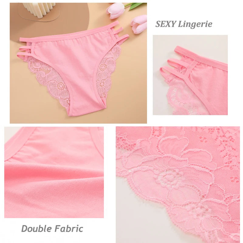 3PC/Set Women Sexy Lace Panties Low Rise Hollow Out Briefs Floral Transparent Underwear for Feamale Elastic Straps Soft Lingerie