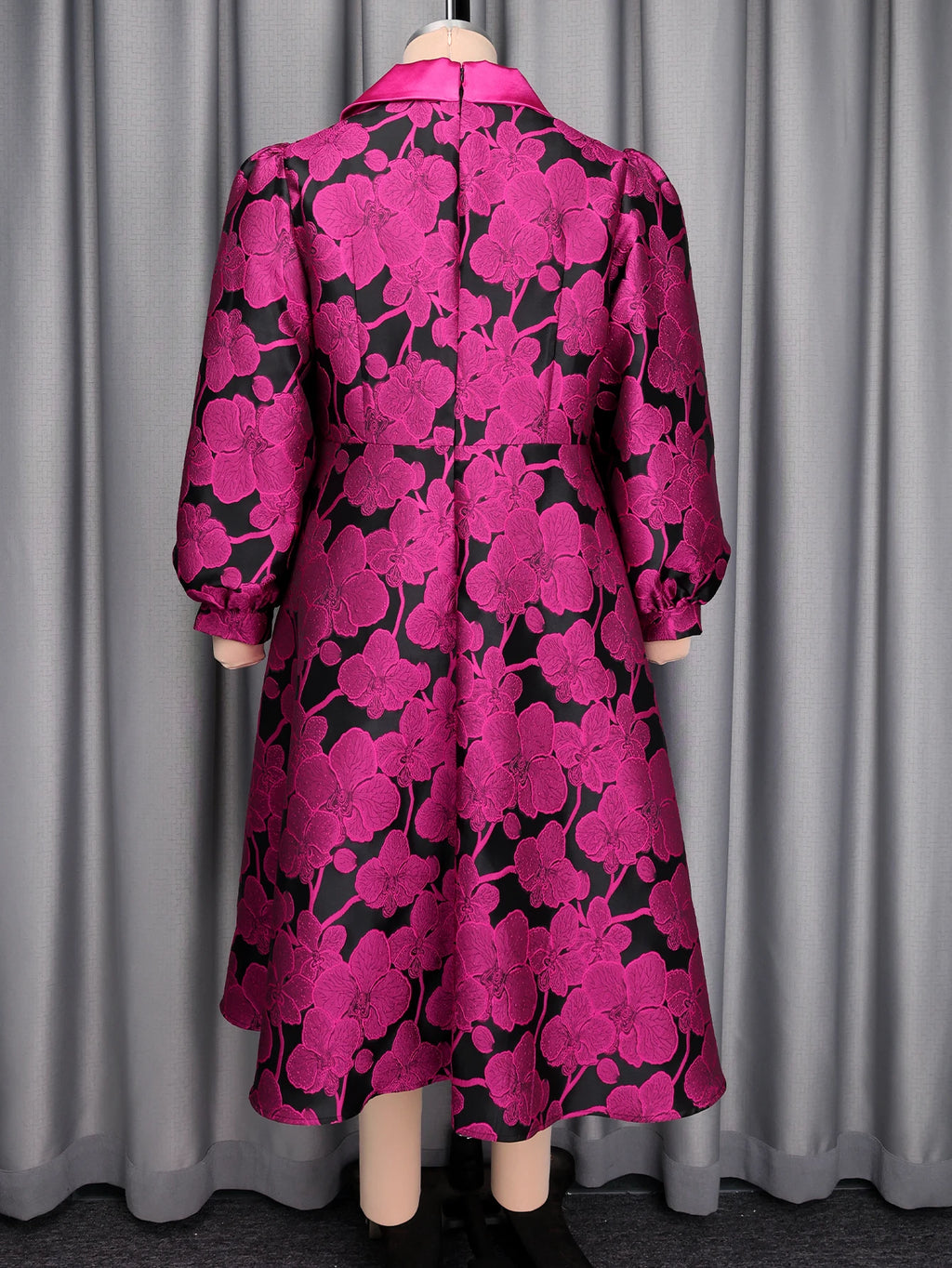 Elegant Women Jacquard Dress Irregular Neck Long Lantern Sleeve Fold A Line Fit Flare Vintage Event Party Church Formal Occasion