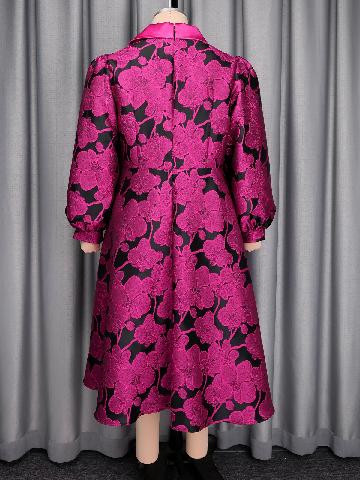 Elegant Women Jacquard Dress Irregular Neck Long Lantern Sleeve Fold A Line Fit Flare Vintage Event Party Church Formal Occasion
