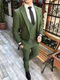 Men's olive green 3-piece slim fit wedding suit with notch lapel by SOLOVEDRESS, shown on a hanger with jacket, vest, and pants.