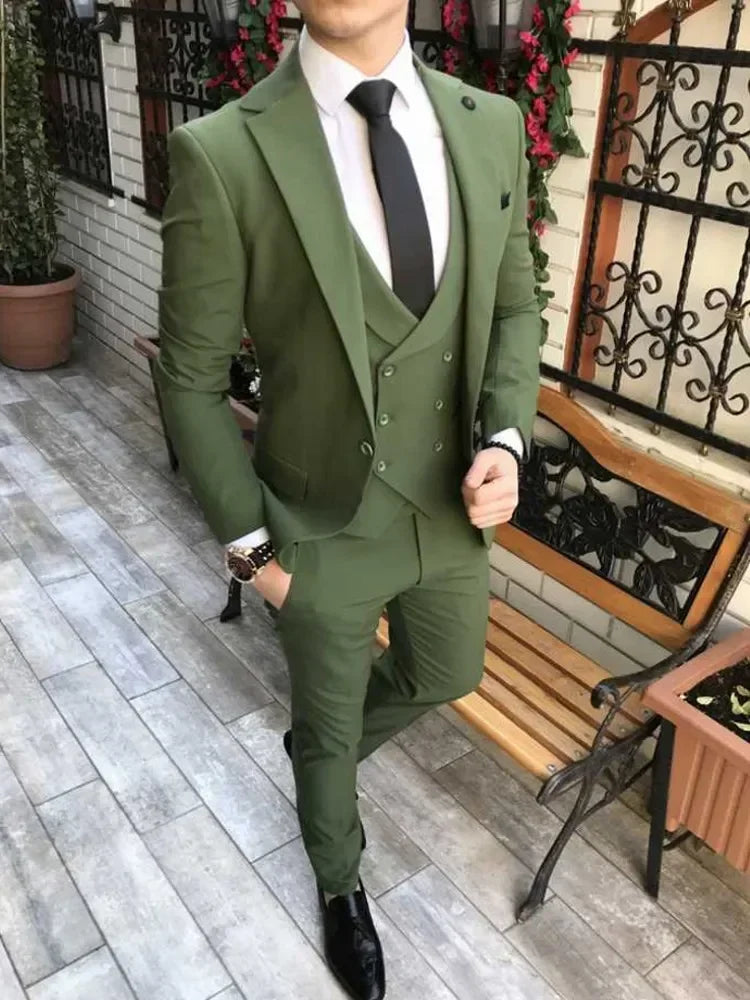 Men's olive green 3-piece slim fit suit with notch lapel, stylish tuxedo by SOLOVEDRESS, featuring tailored fit and elegant details.