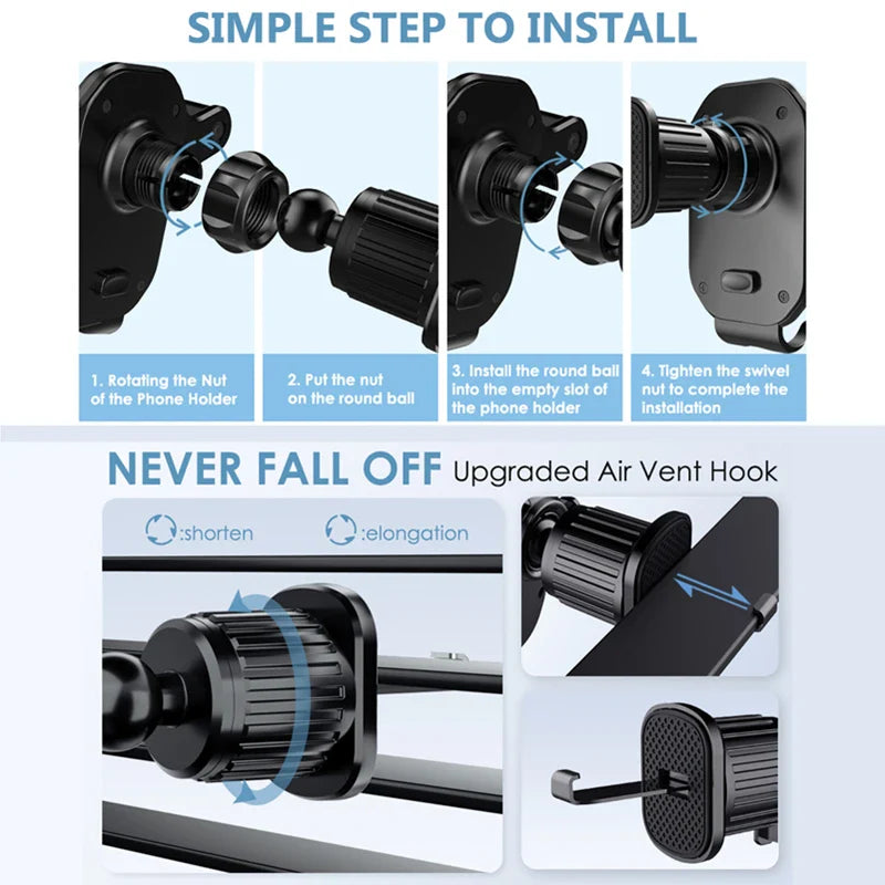 SHOWLU FASHION STORE gravity car phone holder with 360° air vent hook mount, securely holds smartphone inside vehicle.