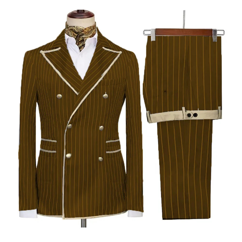 Showlu Fashion men's double-breasted striped suit blazer and pants, slim fit, peak lapel, formal and smart casual attire.