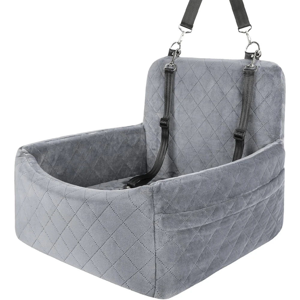 Warm portable dog car seat for small to medium pets with washable cushion, safety belt, and storage pocket for outdoor travel.