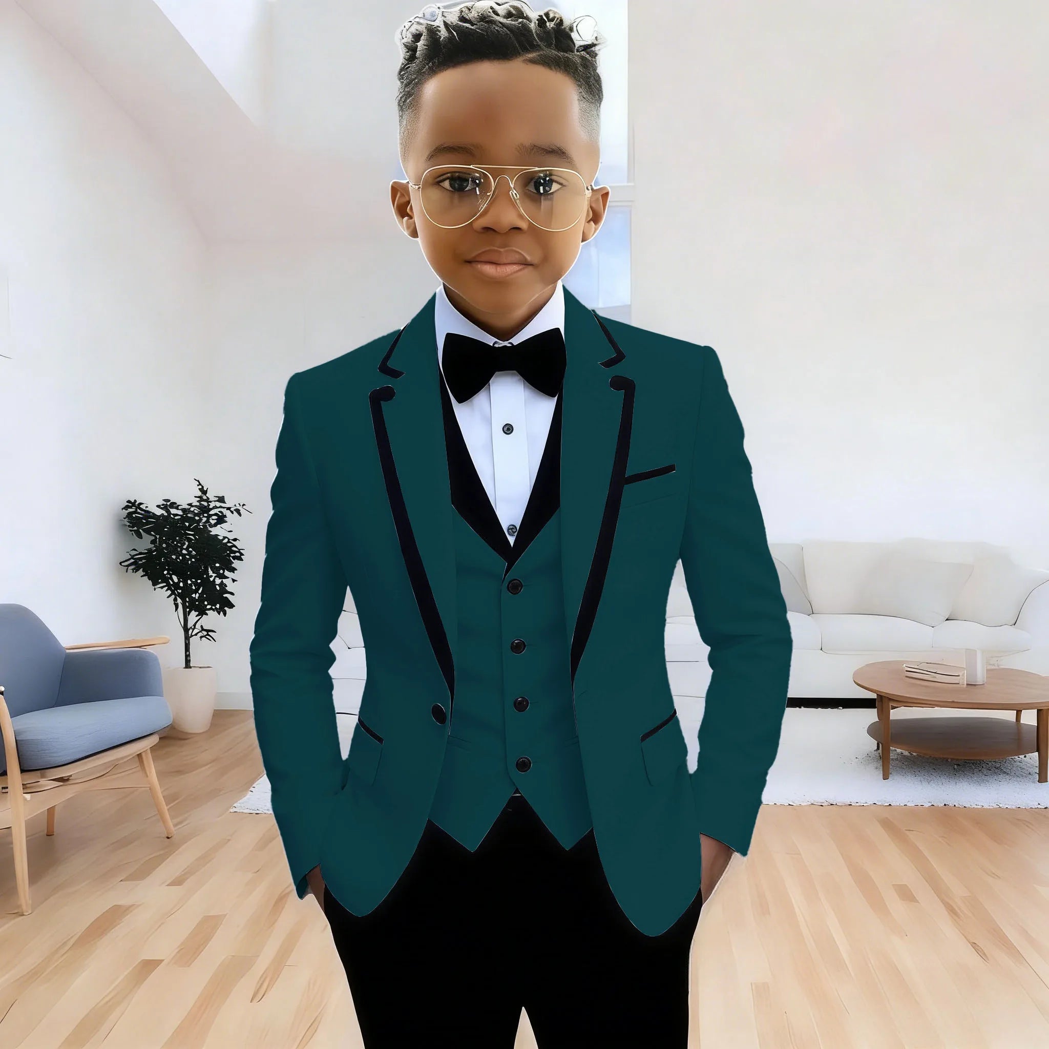 Showlu Smart General boys' formal suit set with jacket, pants, and vest featuring notched lapel, perfect for wedding or party occasions.