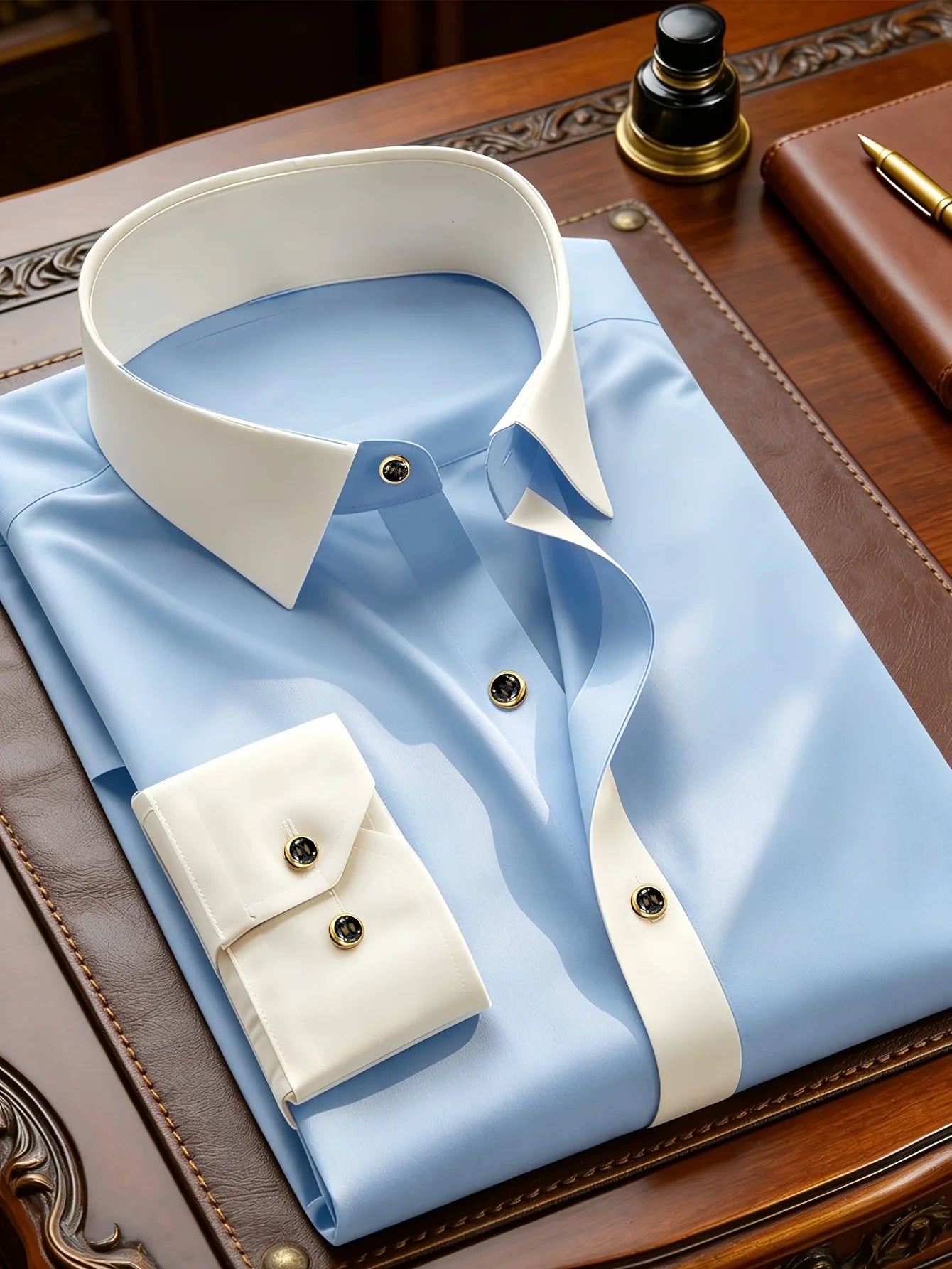 Showlu Smart General men's black patchwork shirt with long sleeves, casual yet smart business dress style, featuring elastic cuffs.