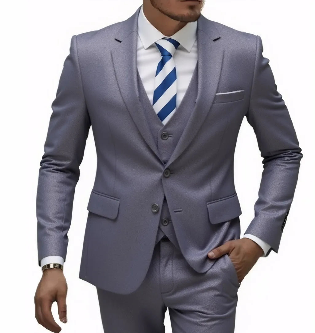 Men's casual 3-piece suit by Showlu Fashion, featuring solid color blazer, trousers, and vest, with a two-button blazer style.