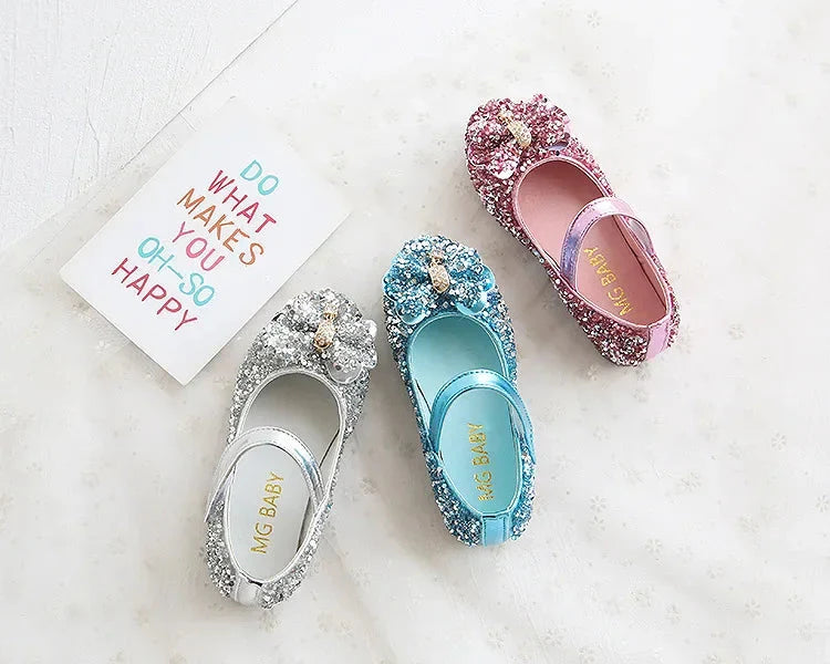 Showlu girls' princess flats with sequins and rhinestones, made of PU leather, featuring a shiny, decorative design for kids' footwear.
