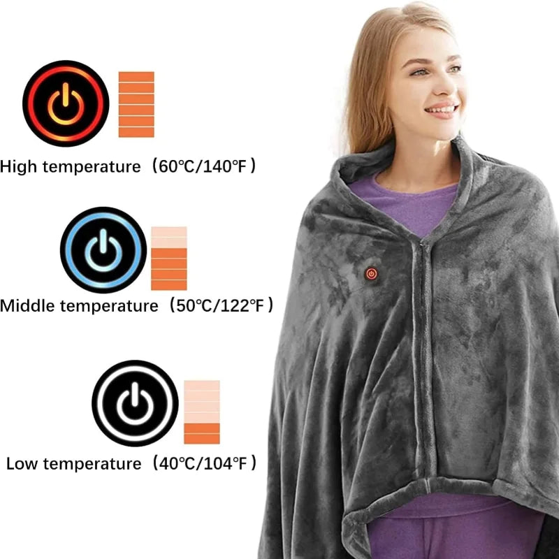 Showlu Smart General USB heated blanket shawl with 3-level electric warmth, soft fabric, and adjustable temperature settings.