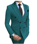 Beige men's 2024 slim-fit double-breasted suit with notch lapel, blazer and pants, ideal for wedding or casual occasions.
