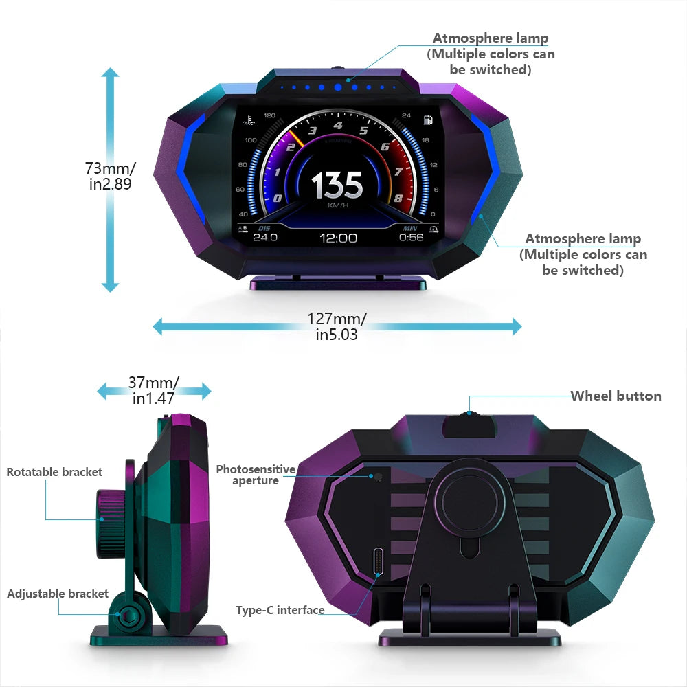 Showlu P24 Car HUD display showing speed, inclinometer, and OBD2 connection on a vehicle dashboard.