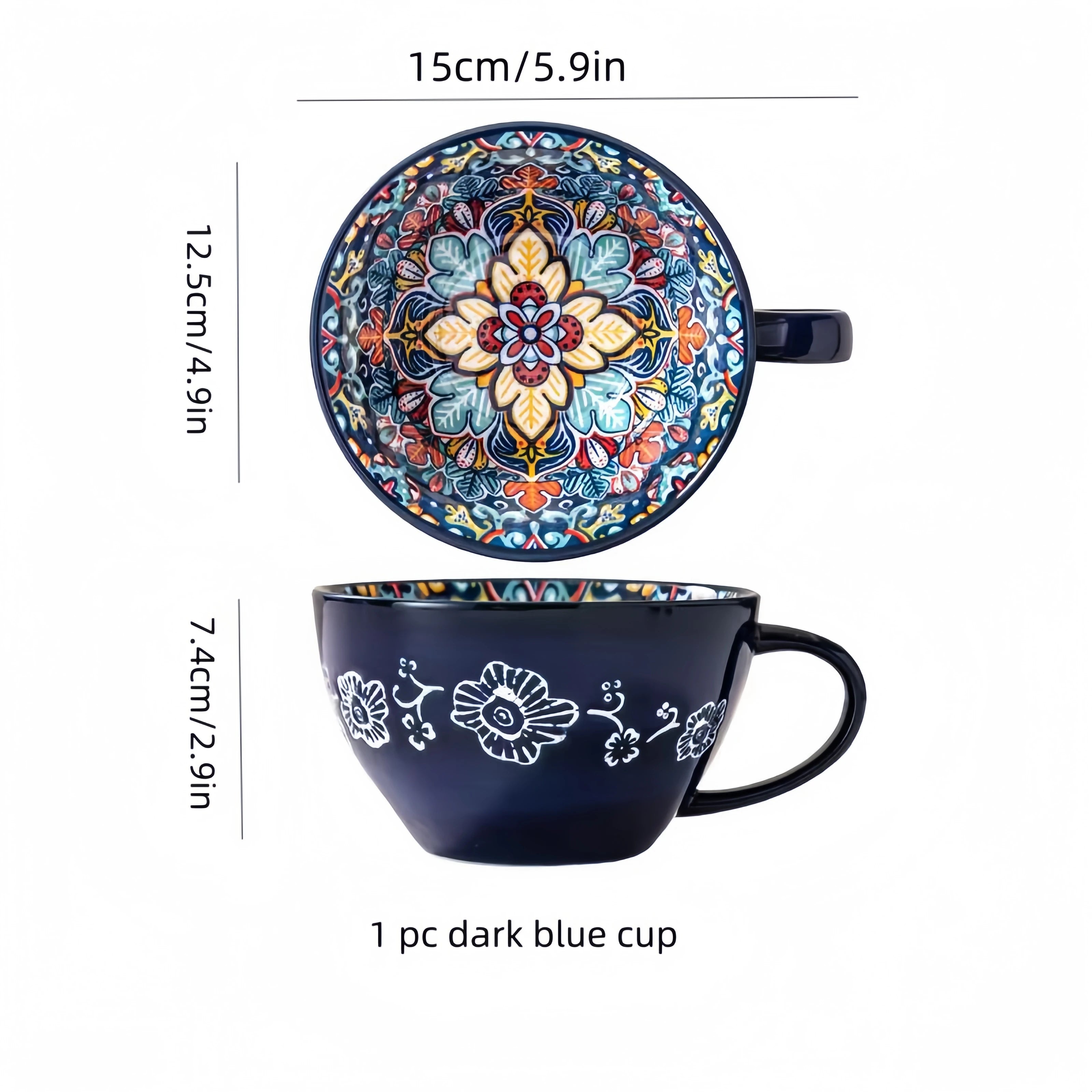 Showlu Fashion Bohemian ceramic coffee mug, 13.5 oz porcelain tea cup with colorful boho design and ergonomic handle.