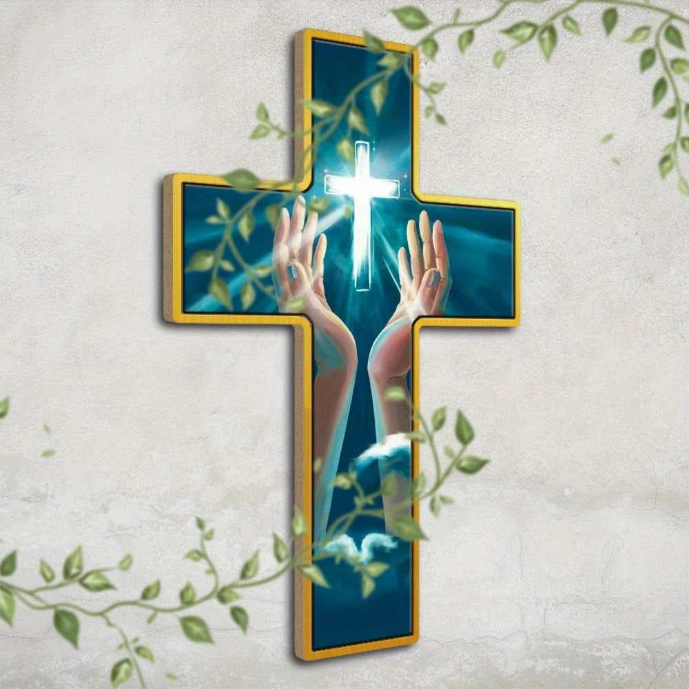 Rustic green wooden crucifix wall hanging from Showlu, farmhouse style 12-inch cross with weathered wood finish.