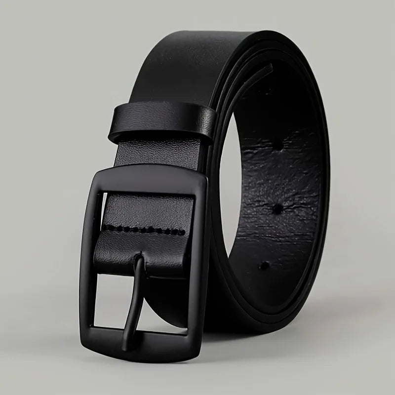 Men's luxury PU leather belt with metal pin buckle, high-quality designer waist strap for jeans, plus size available.