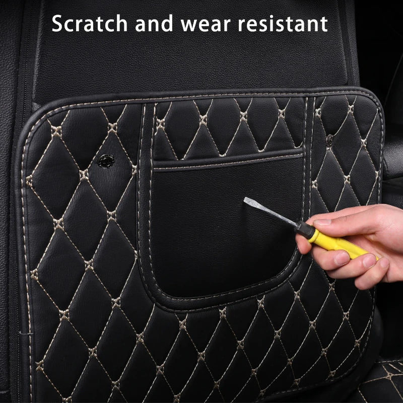Showlu Smart General Car Seat Back Protector installed in vehicle, featuring durable material and multiple storage pockets.