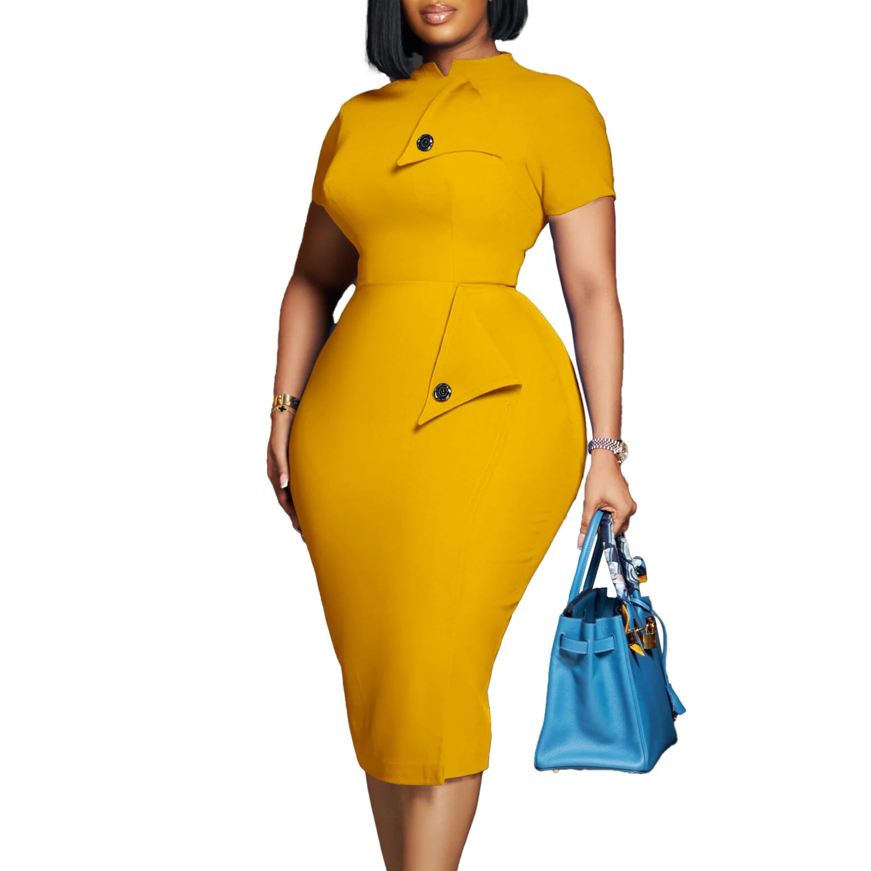 Showlu Smart General D515 women's slim fit OL style bodycon dress with short sleeves and high collar, in a fashionable pencil dress design.