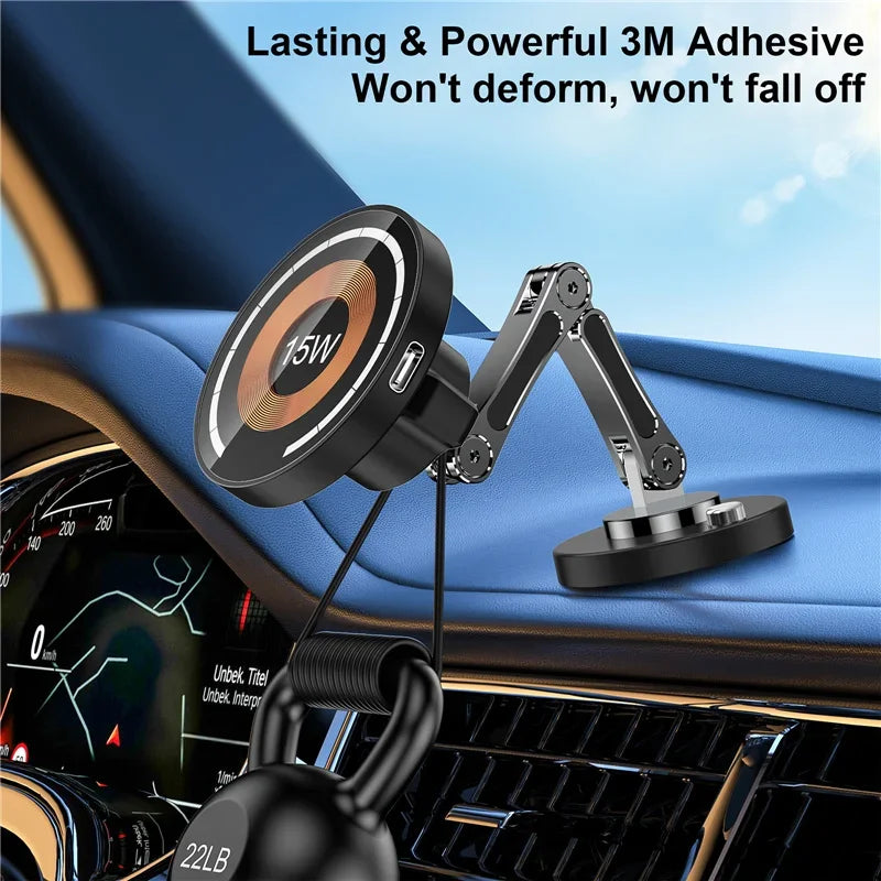 Showlu Smart General magnetic wireless car charger and phone holder with 15W fast charging and secure mounting for smartphones.